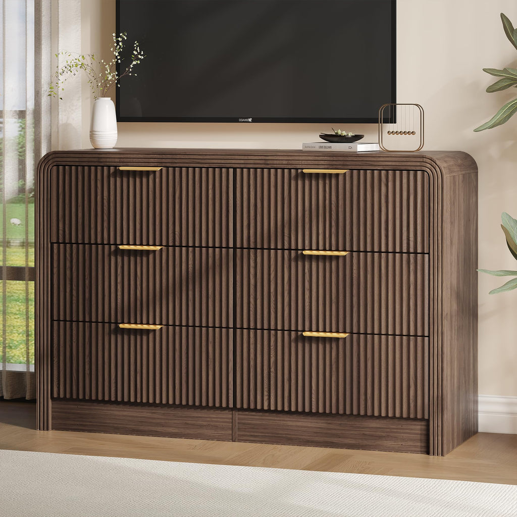 47" Walnut Fluted 6-Drawer Dresser T4429