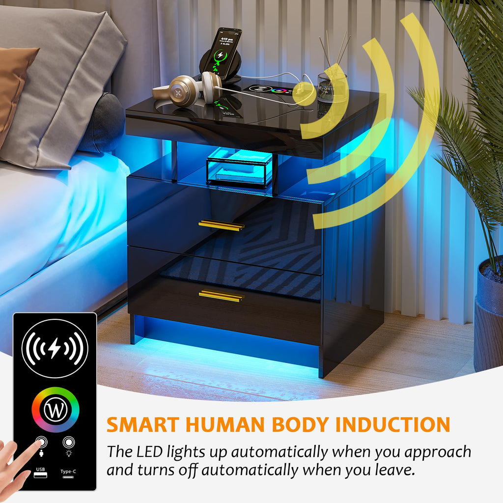 Black LED Nightstand with USB Type-C Charging A3688