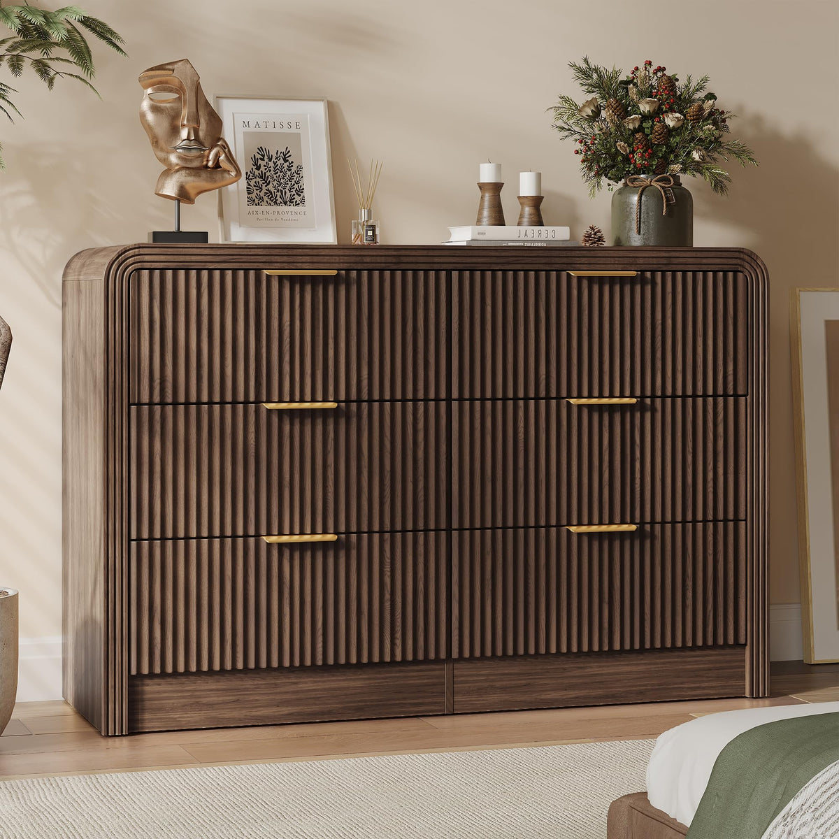47" Walnut Fluted 6-Drawer Dresser T4429
