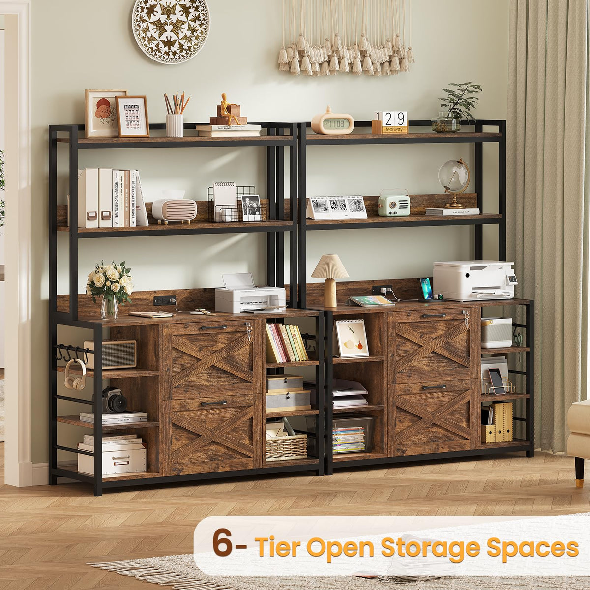 2 Drawer File Cabinet with Lock and Open Storage Shelves, Rustic Brown T53972