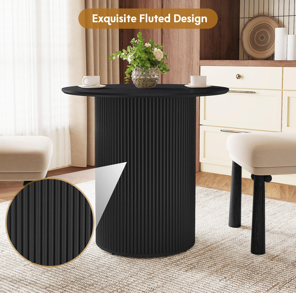 31.5" Round Dining Table with Fluted Wood Base R387