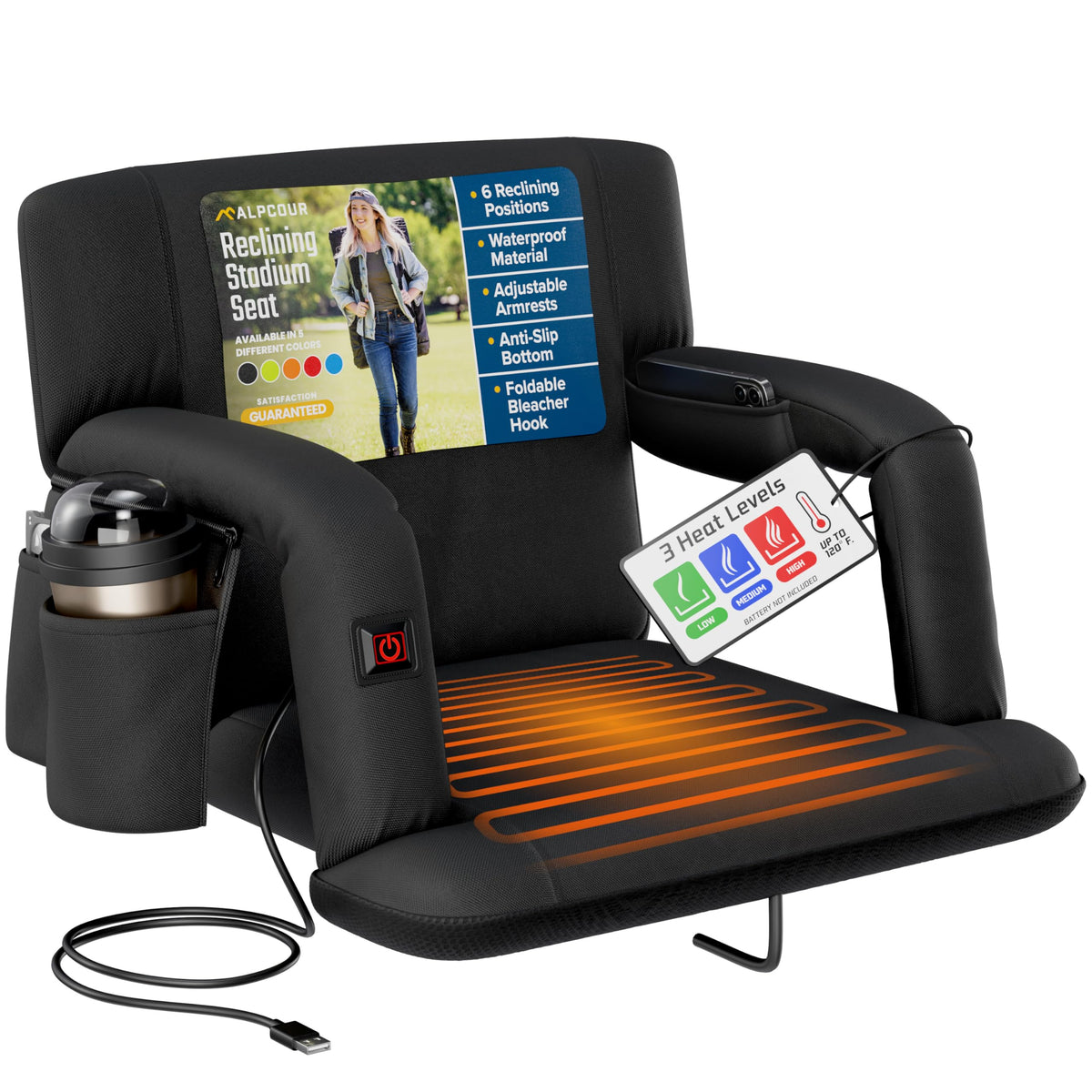 Heated Reclining Stadium Seat with Back Support and Cushion C98341