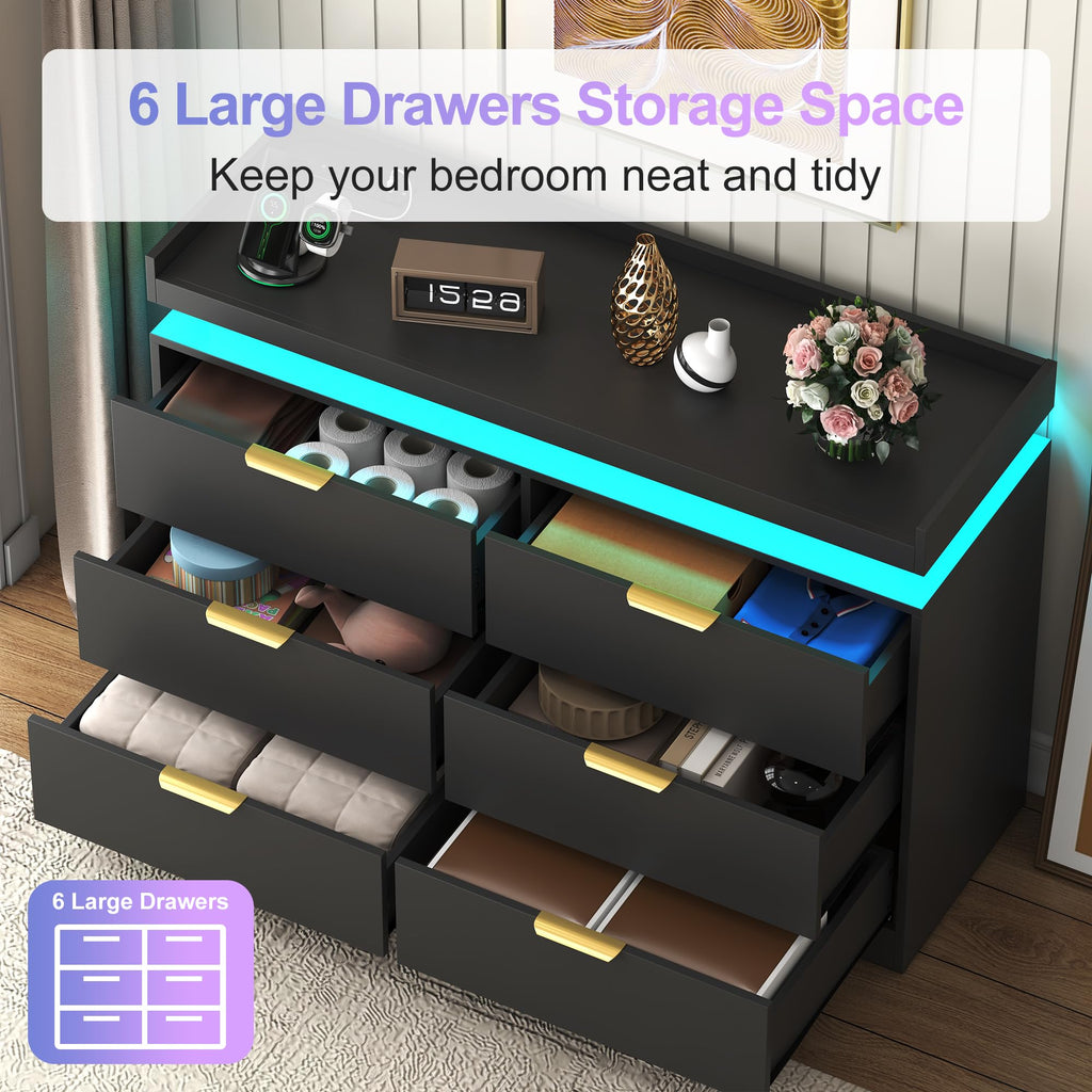 Black 6 Drawer Wood Dresser with LED Lights and Power Outlet K7588