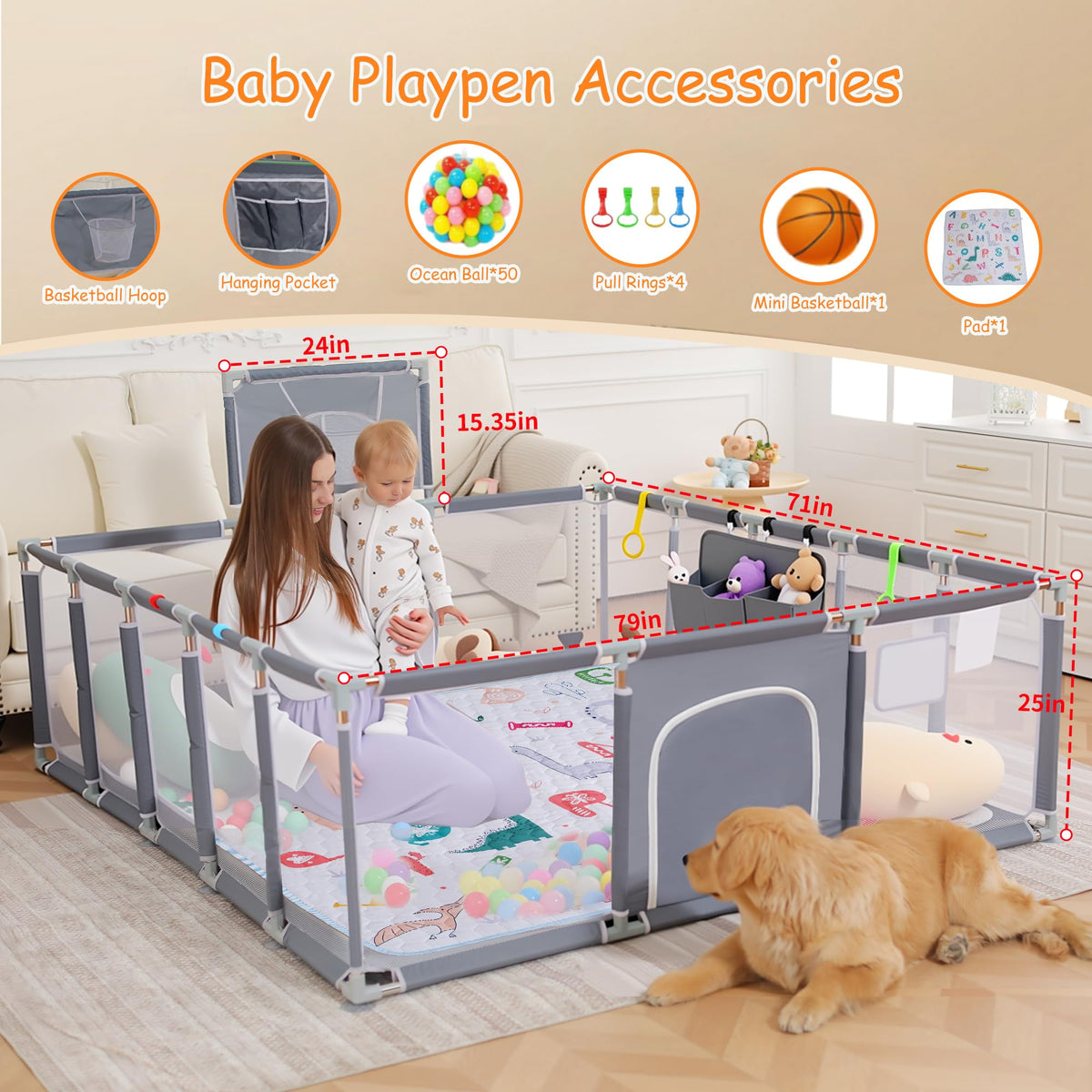 Baby Playpen with Mat, Ocean Balls, Hanging Pocket, Basketball Hoop K820