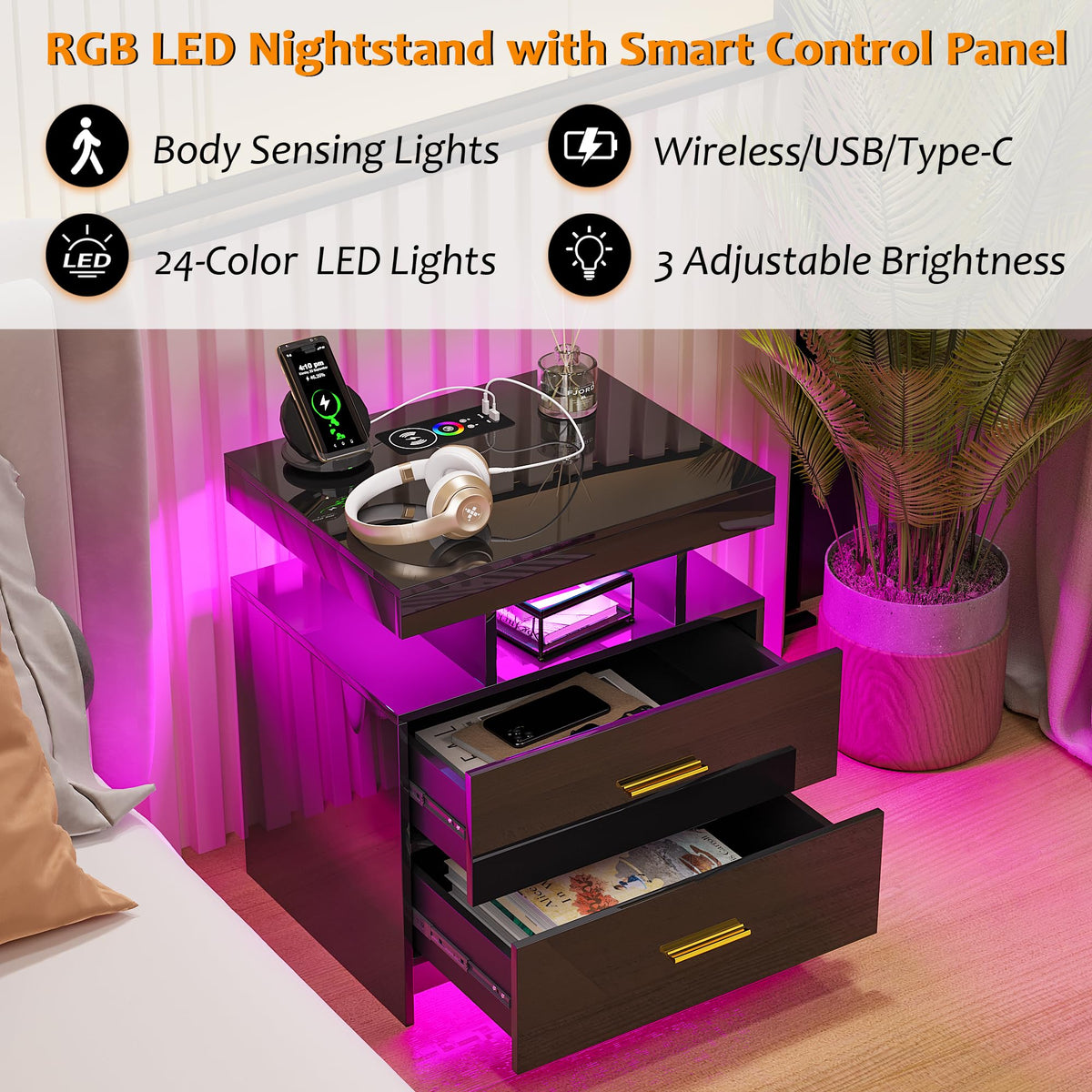 Black LED Nightstand with USB Type-C Charging A3688