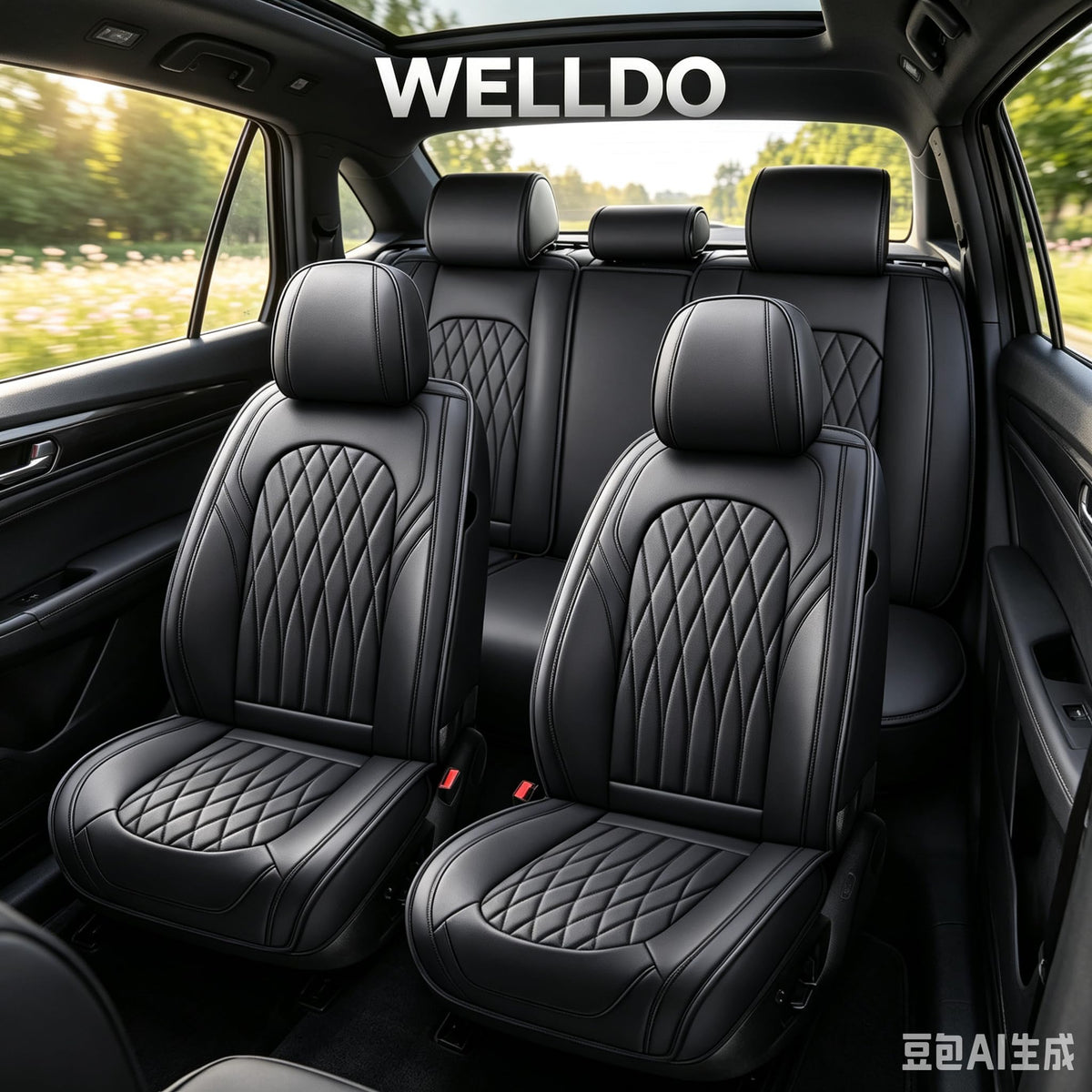 Black Faux Leather Car Seat Cover Full Set Q62845