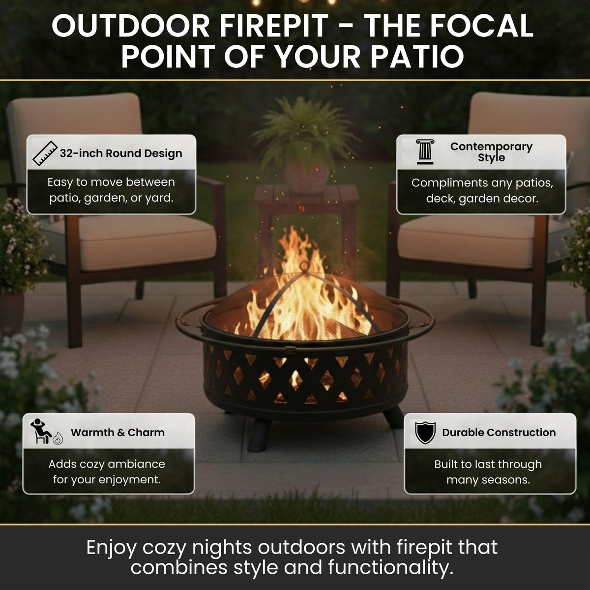 Black 32-Inch Outdoor Fire Pit Y176