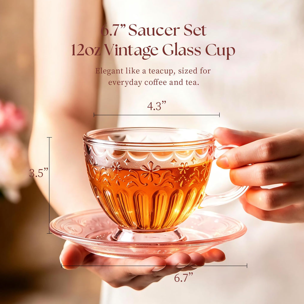 Glass Tea Cup and Saucer Set, 12 oz E926876