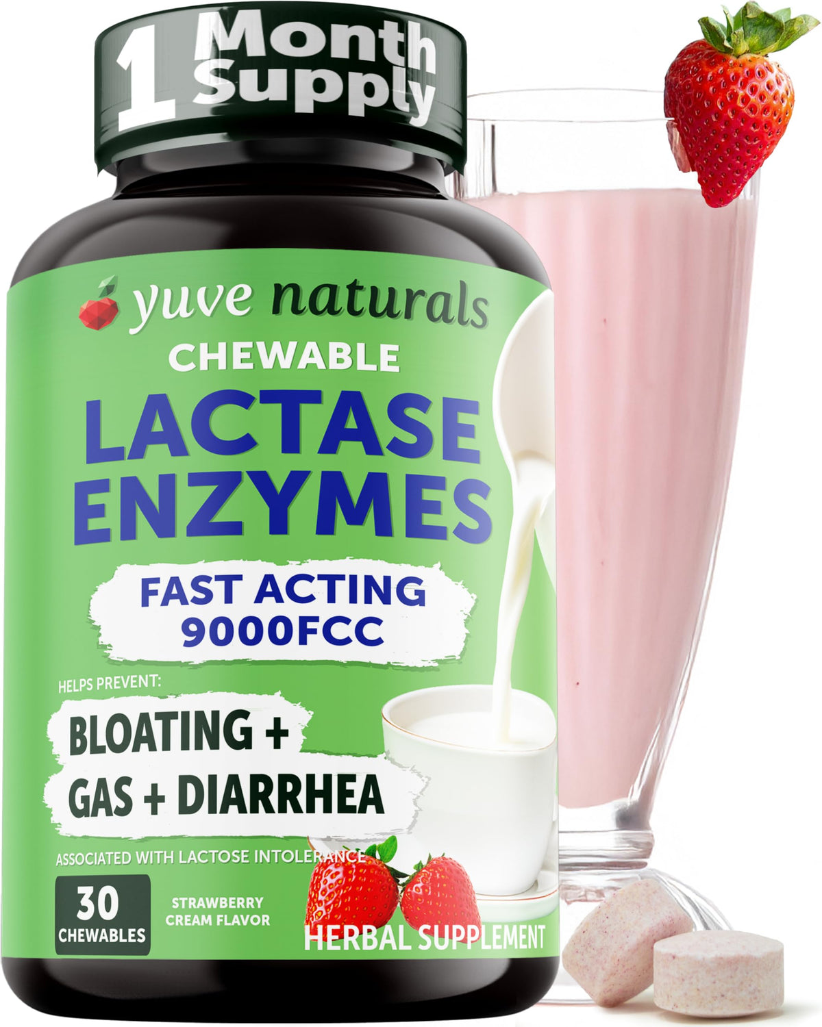 Strawberry Cream Flavor Lactase Enzyme 9000 FCC Chewables 30ct K190