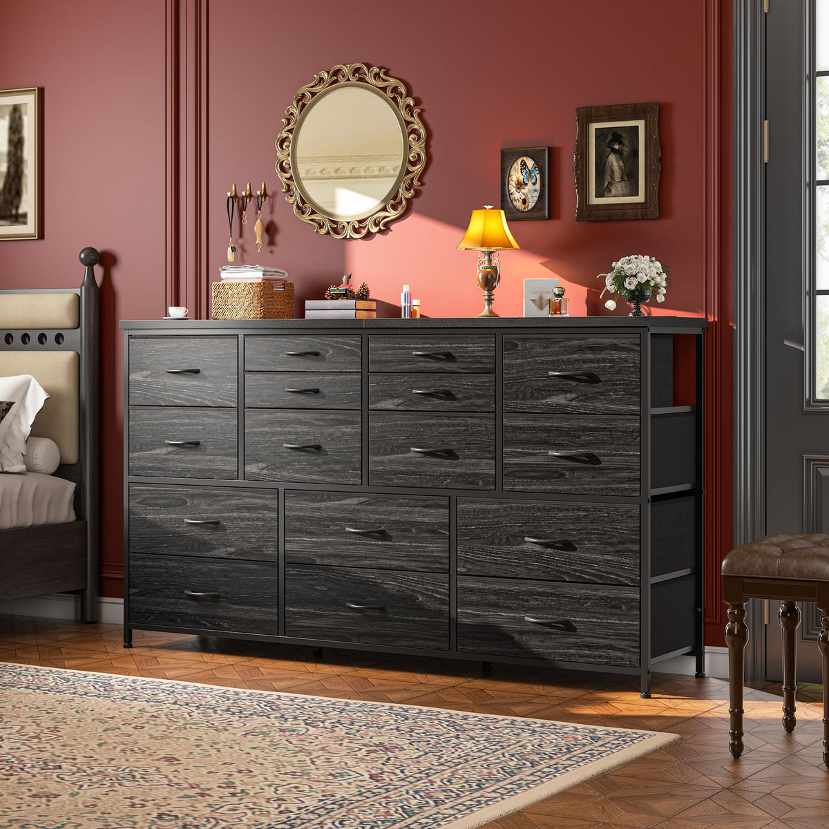 Black Dresser with 16 Fabric Drawers R2201