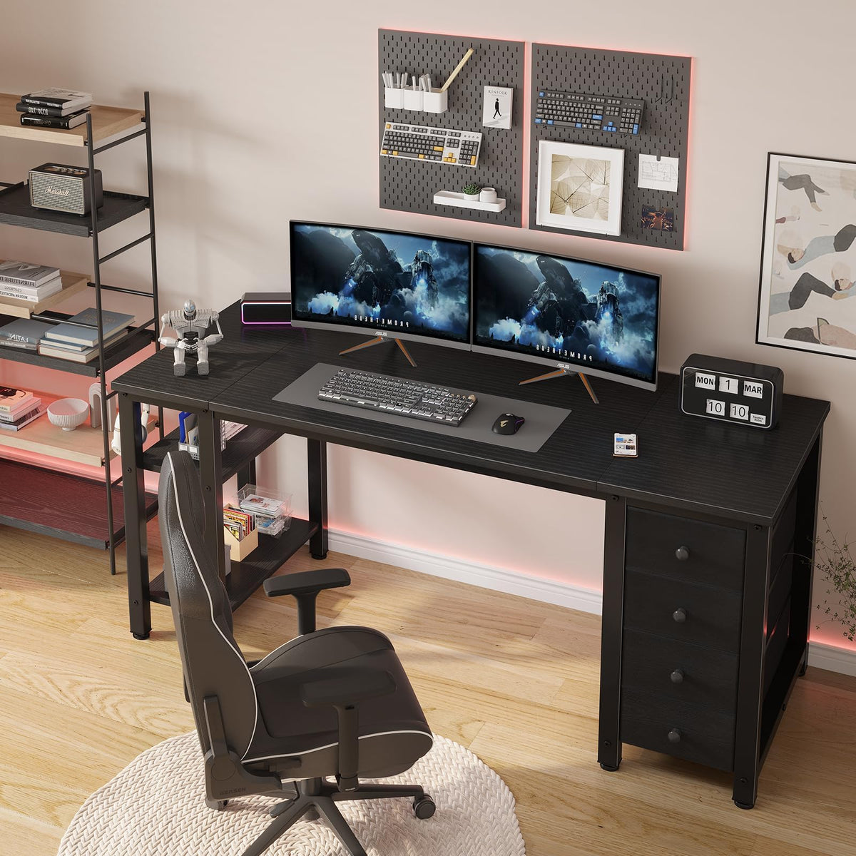 Black 55 inch Gaming Desk with 4 Drawers and Shelves G80334
