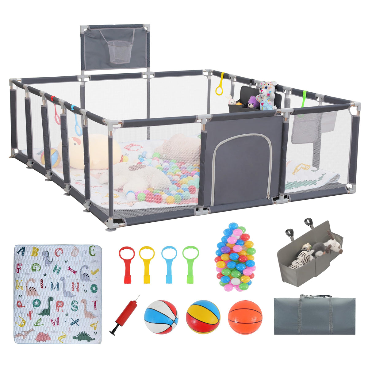Baby Playpen with Mat, Ocean Balls, Hanging Pocket, Basketball Hoop K820