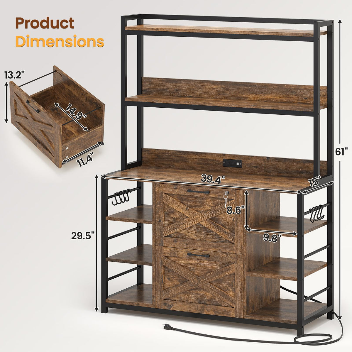 2 Drawer File Cabinet with Lock and Open Storage Shelves, Rustic Brown T53972