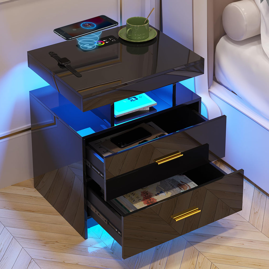 Black LED Nightstand with USB Type-C Charging A3688