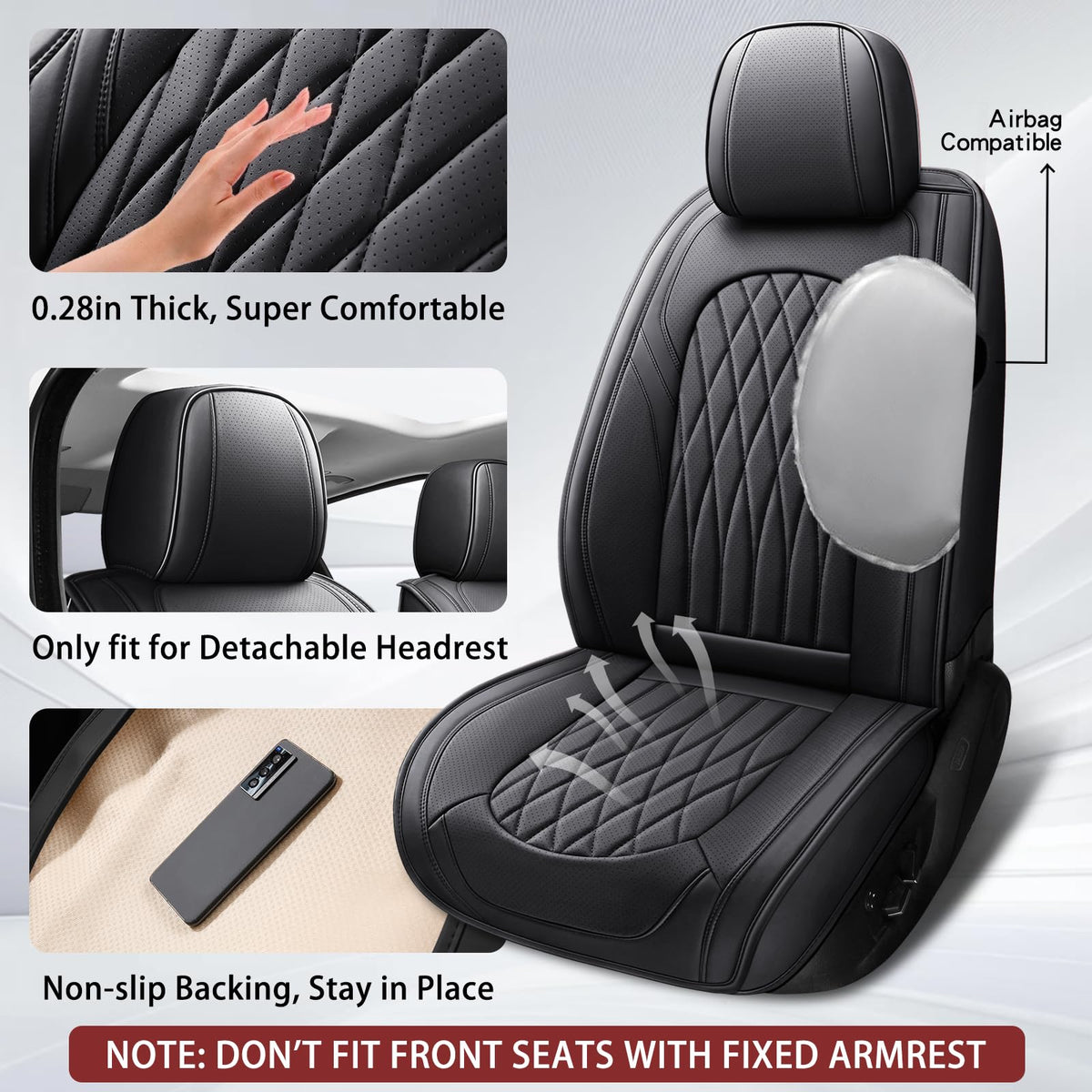 Black Faux Leather Car Seat Cover Full Set Q62845