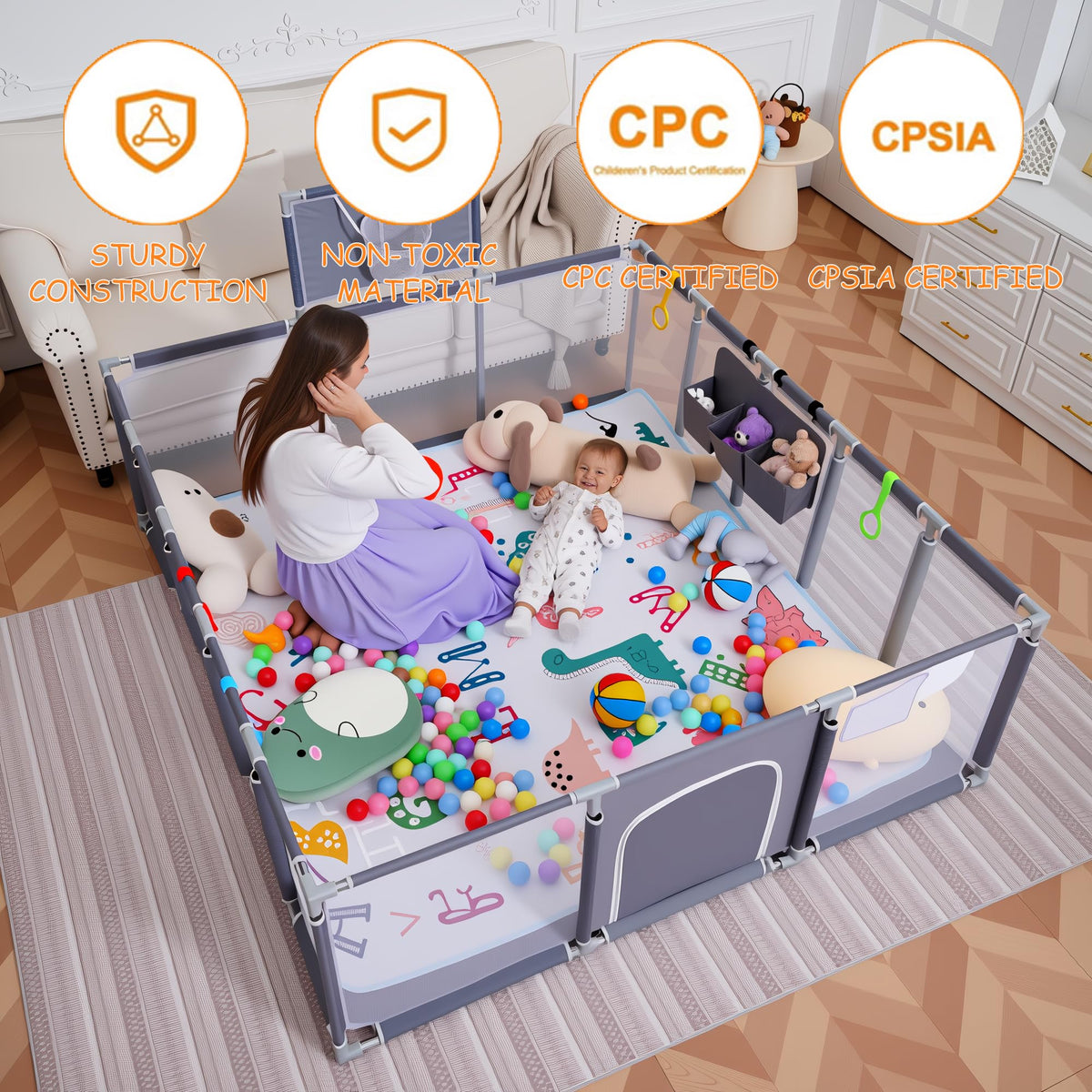 Baby Playpen with Mat, Ocean Balls, Hanging Pocket, Basketball Hoop K820