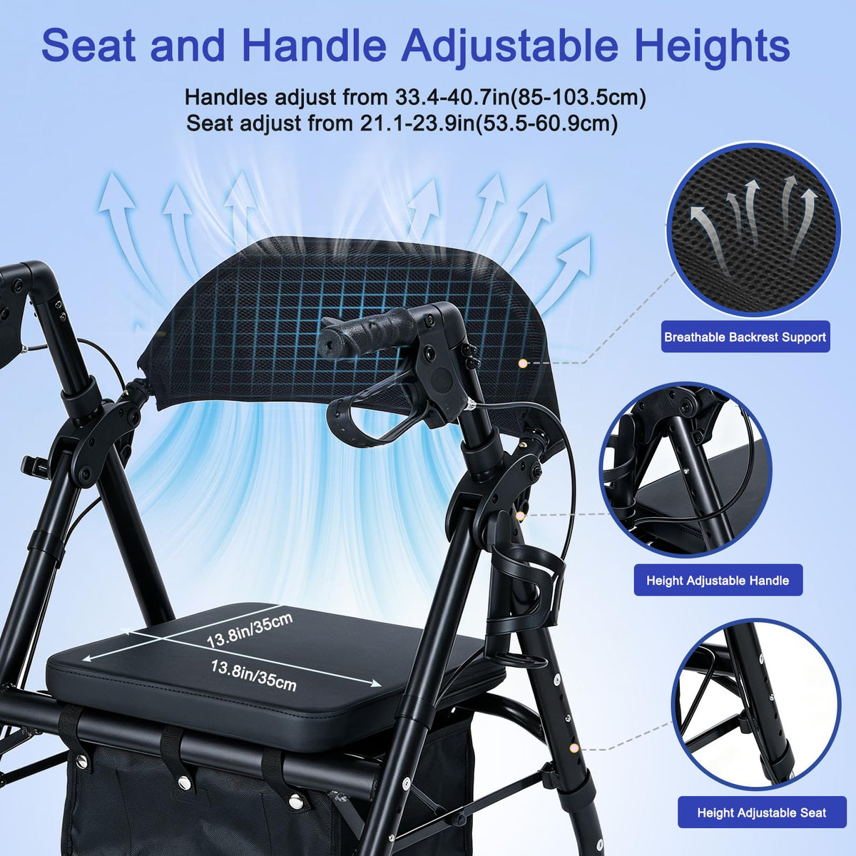 Lightweight Folding Rollator Walker with Seat, 10" All-Terrain Wheels, Black S4991