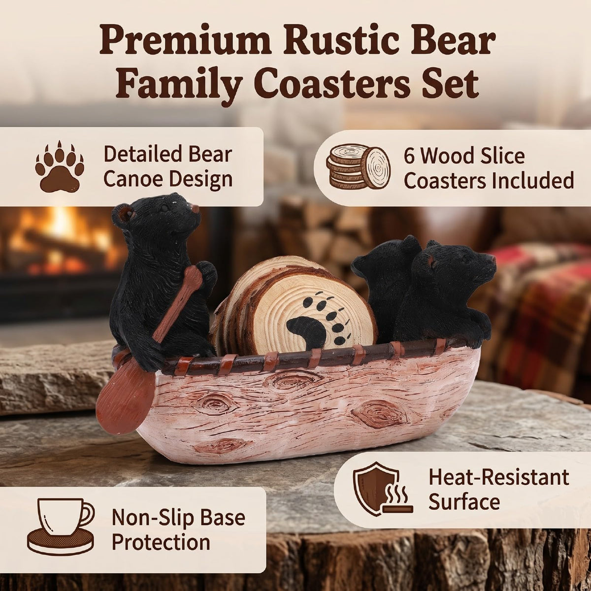 Black Bear Coaster Set with Canoe Holder C843