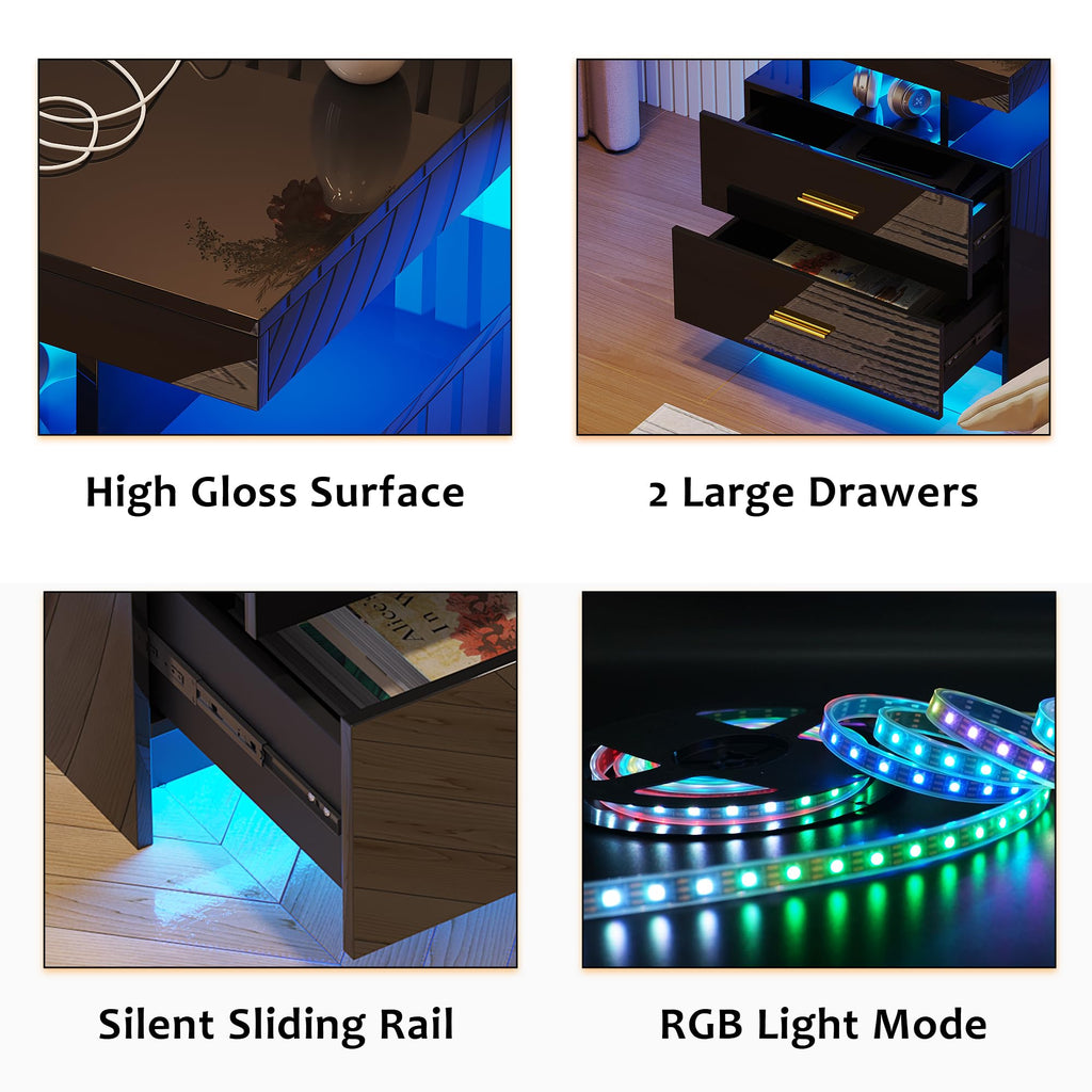 Black LED Nightstand with USB Type-C Charging A3688