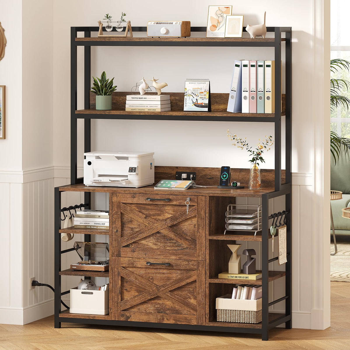 2 Drawer File Cabinet with Lock and Open Storage Shelves, Rustic Brown T53972