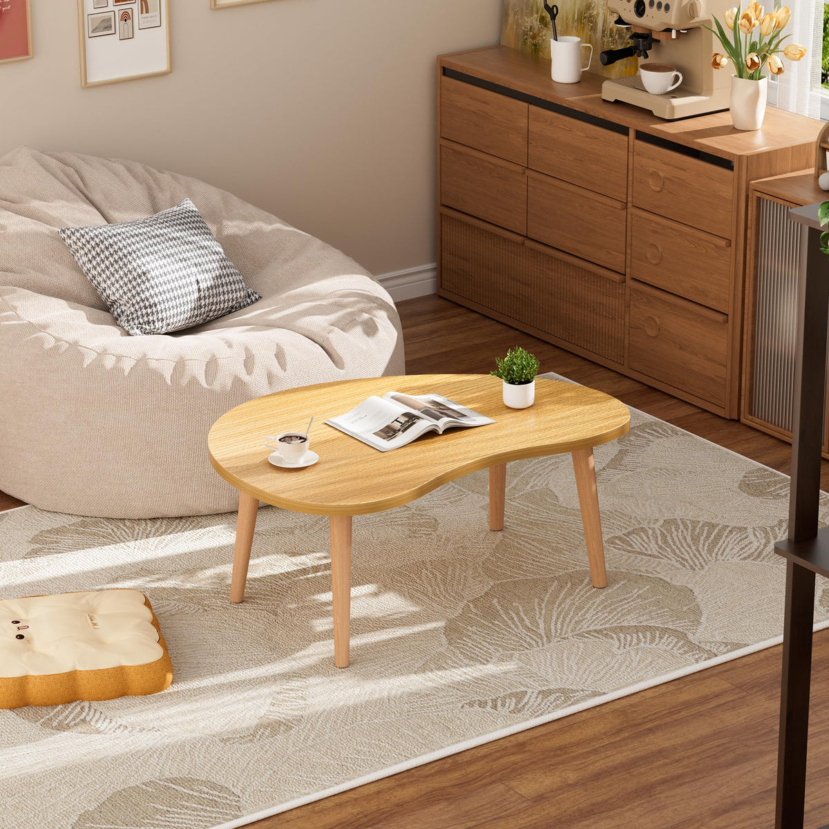 Low Oval Japanese Floor Coffee Table with Solid Wood Legs B952605