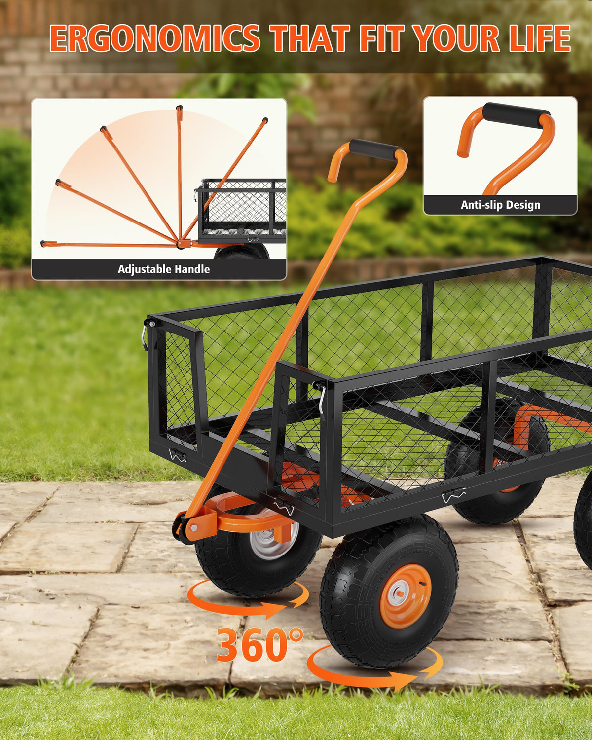 Heavy Duty Steel Garden Cart 900 LBS Capacity 3 in 1 Pullable Wagon with 10 in Wheels Z47256